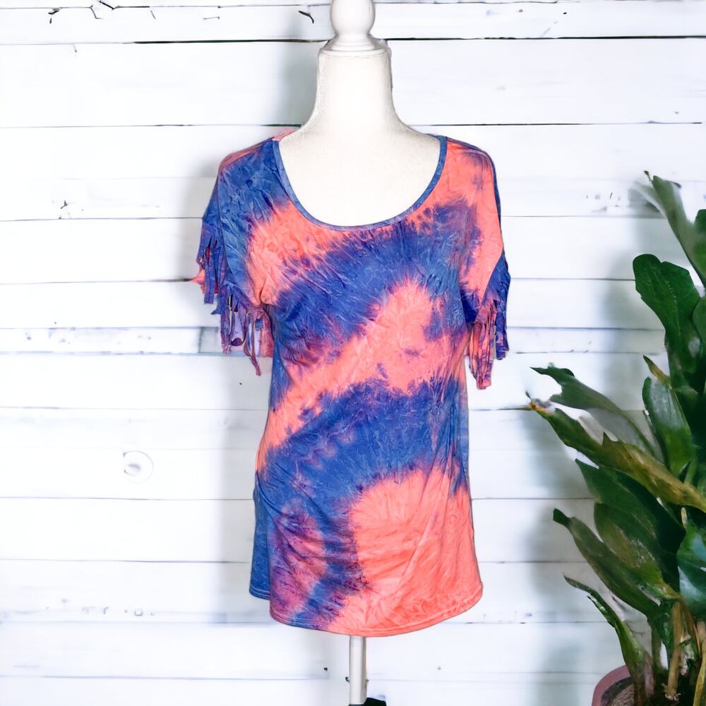 Tie Dye Tassle Short Sleeve Tee Shirt Pink Blue Small